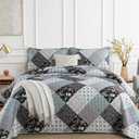 Xruibed Floral Plaid Patchwork Quilt Set Queen Size 3 Pieces Blue Gray Bedspread Set Reversible Quilt Bedding Set Microfiber Bedding Bedspread Coverlet Set for All Season(Queen 96"x90")