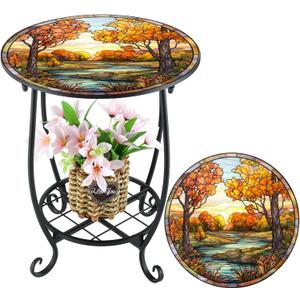 Outdoor Side Table Round Small Mosaic Patio Accent Indoor End Plant Metal Coffee Tea Table for Yard Porch Garden Patio Living Room, Bedroom (Fall Style,14 Inch)