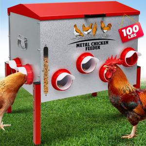 Automatic Chicken Feeder 100LBS Large Capacity, 12 Anti-Waste Ports Metal Poultry Feeder with Height Adjustable Stand, Waterproof Rodent Proof Feed Box with Lid Viewing Window for Hens Ducks Geese
