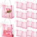 24 Pcs Clear Gift Bags with Handle, Plastic Party Favor Bags with Bow Ribbon, Reusable Candy Treat Goodie Tote for Valentine's Day Wedding Bridesmaid Baby Shower Birthday, 8 x 8 x 3 Inches(Pink)