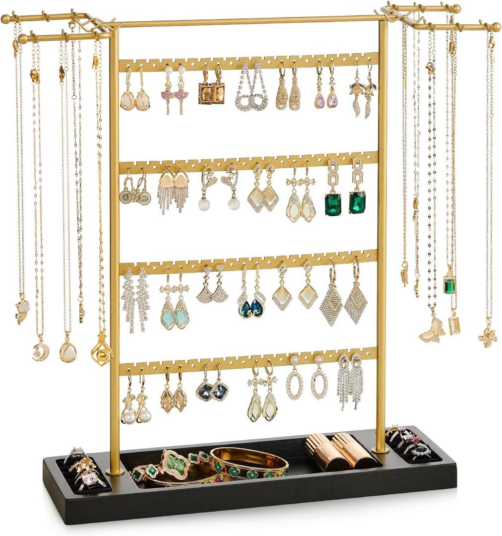 Pinzoveco Jewelry Organizer, 4 Tier Earring Holder Organizer with Base Tray, Jewelry Holder Organizer Stand for Necklaces Holder, Rings, Bracelets, Jewelry Display and Storage (Golden and Black)