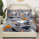 Gothic Spooky Bed Sheet Set Pumpkin Lantern Bedding Set for Kids Boys Teens, Ghost Spider Web Fitted Sheet Black Bat Cat Cobwebs Halloween Decor King Size Grey