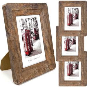 5x7 Picture Frames Set, Set of 4 Wooden Picture Frames Real Tempered Glass and Composite Wooden Rustic Rounded Corners Photo Display for Tabletop Wall Mount (Brown)