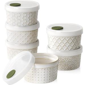 DOWAN Ramekins Oven Safe with Lids 6 oz, Charcuterie Boards Bowls Set for Creme Brulee, Souffle, Dipping Sauces, Custard Cups Ceramic Food Storage Containers, Set of 6, Beige