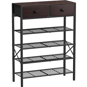Shoe Rack for Entryway, 5 Tier Shoe Organizer with 2 Non-Woven Drawers, Metal Storage Shoe Shelf for 16-20 Pairs of Shoes, with Wooden Top and Steel Frame, Shoe Stand for Closet Dark Brown