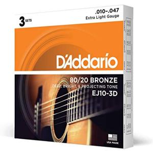 D'Addario Acoustic Guitar Strings, 80/20 Bronze, EJ10-3D, Extra Light Gauge 10-47, 6-String Set, Pack of 3