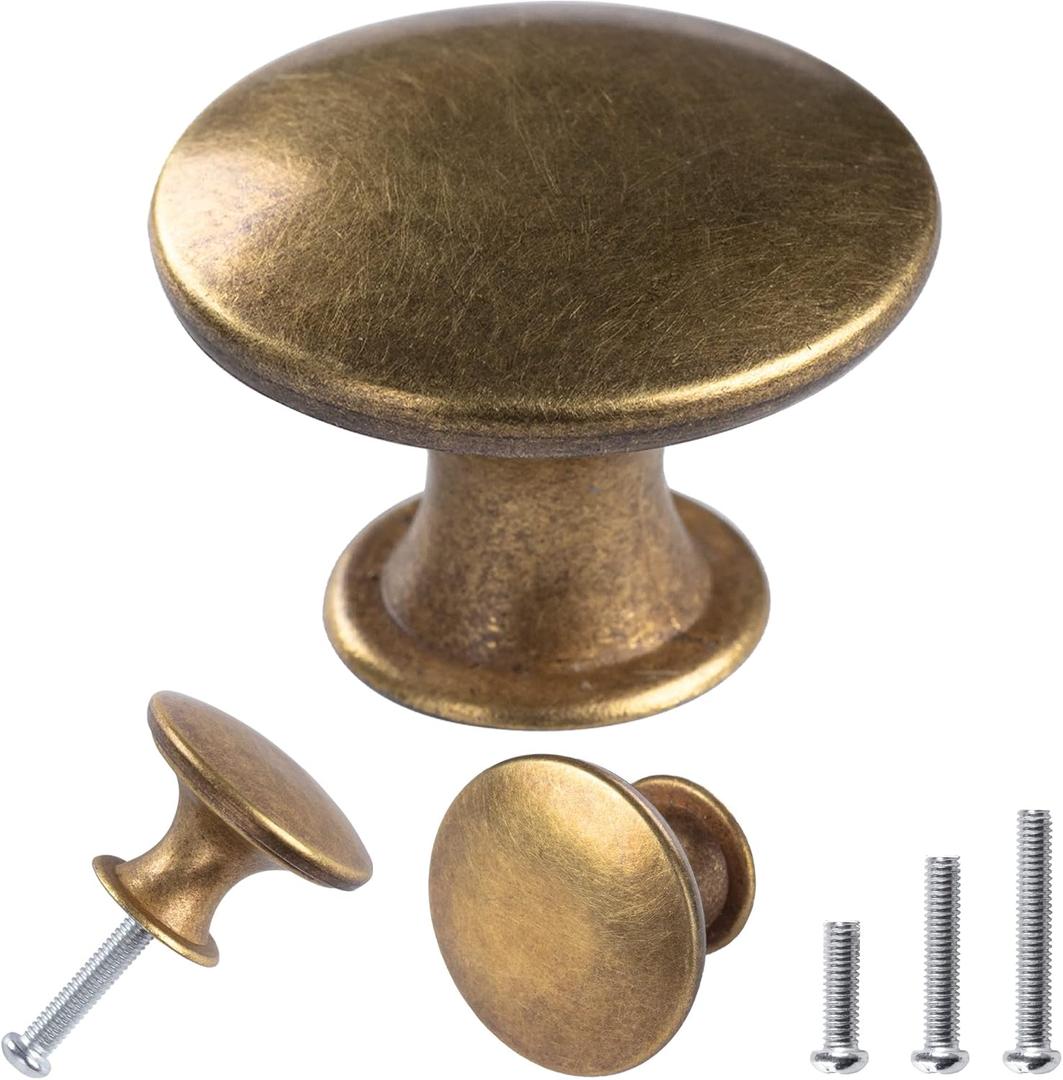30 Pack Delicate Design Round Antique Brass Kitchen Cabinet Knobs Cupboard Door Knobs 1.18-INCH Yellow Bronze Drawer Handle Pulls Dresser Knobs with 30 Pcs Screws for Bathroom Drawer Door Hardware