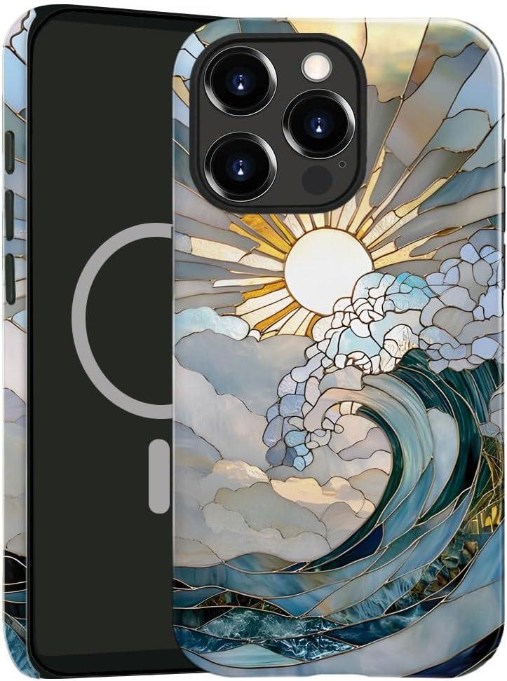 Case Compatible with iPhone 16 Pro, Compatible with MagSafe, Glossy Fall Prevention Hybrid 2-Layer Hard Shell Cases for Girls Boys, Ocean Waves Sunrise