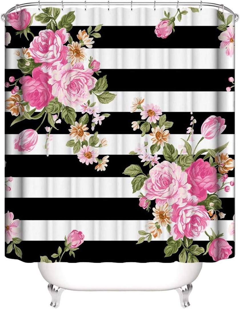 Floral Stripe Shower Curtain Pink Flower Fabric Shower Curtain Sets Bathroom Decor with Hooks Waterproof Washable 72 x 72 inches Black White Green