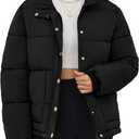 Funlingo Women's Cropped Puffer Jacket Winter Stand Collar Zip Up Snap Button Warm Lightweight Short Quilted Coat (Black, S)