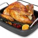 Nonstick Roasting Pan with Rack, Turkey Roasting Pan for Oven, Large Roaster Pan with Handle for Chicken, 17 X 13 Inch, Carbon Steel, Dark Grey