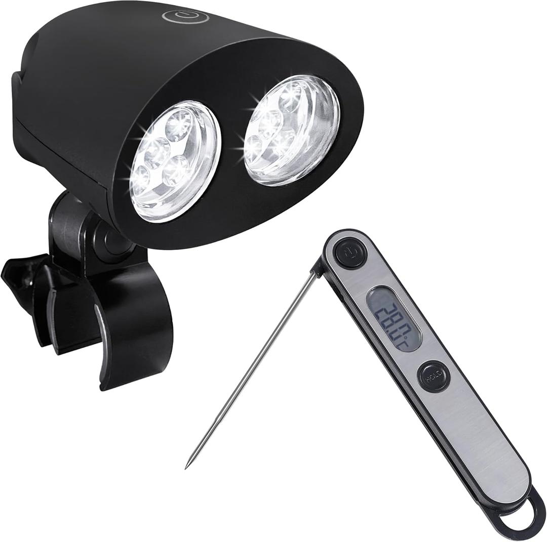 Grill Lights and Meat Thermometer, BBQ Light with10 LED Lights and an Aluminum Clip, Perfect for barbecues. Kitchen Food Thermometer, Instant Read Meat Thermometer (Silver/Dark Black)