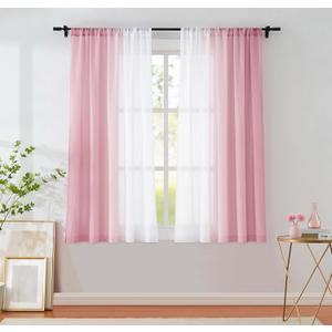 Pink Ombre Chiffon Sheer Curtains for Living Room Bedroom, Gradient Crinkle Semi Voile Curtain Panels for Small Window Light Filtering Window Drapes for Laundry Room Rod Pocket, 2 Panels, 52"Wx54"L