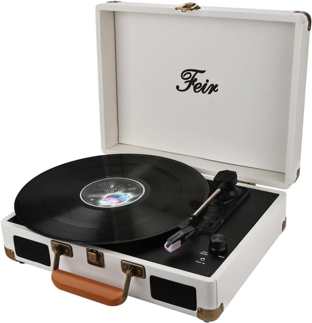 Vinyl Record Player Bluetooth with Speakers 3 Speed Portable Turntable Suitcase Built In 2 Speakers RCA Line Out AUX Headphone Jack PC Recorder - White