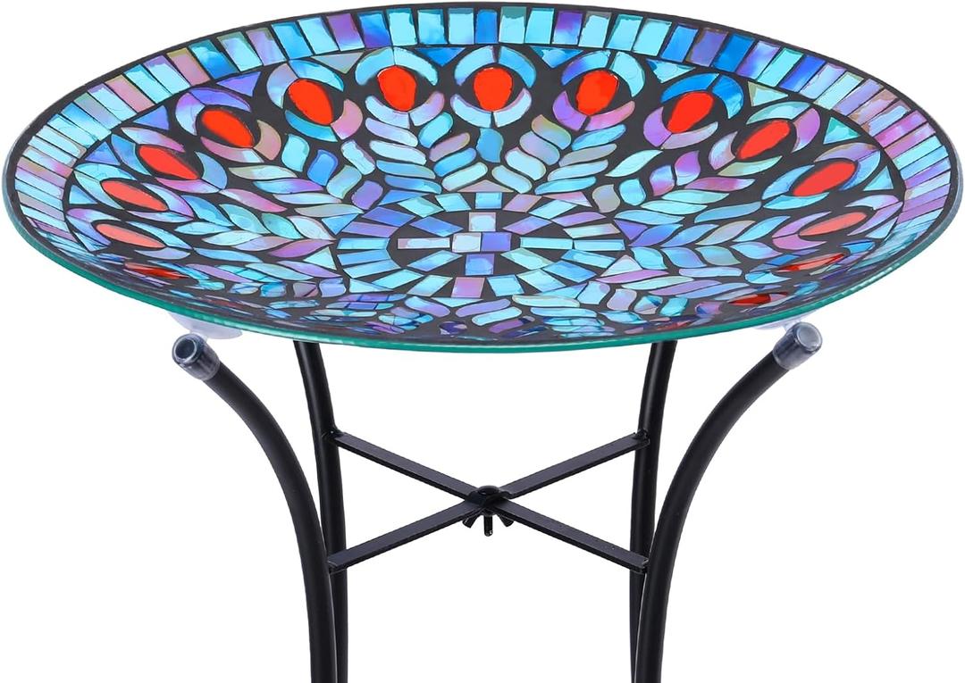 VCUTEKA Mosaic Bird Bath, Glass Birdbath Detachable with Metal Standing for Outdoor Patio Garden Backyard Dcor