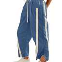 Fisoew Women's Baggy Wide Leg Pants Casual Drawstring Elastic Waisted Contrast Color Workout Y2K Track Pants Blue, Medium