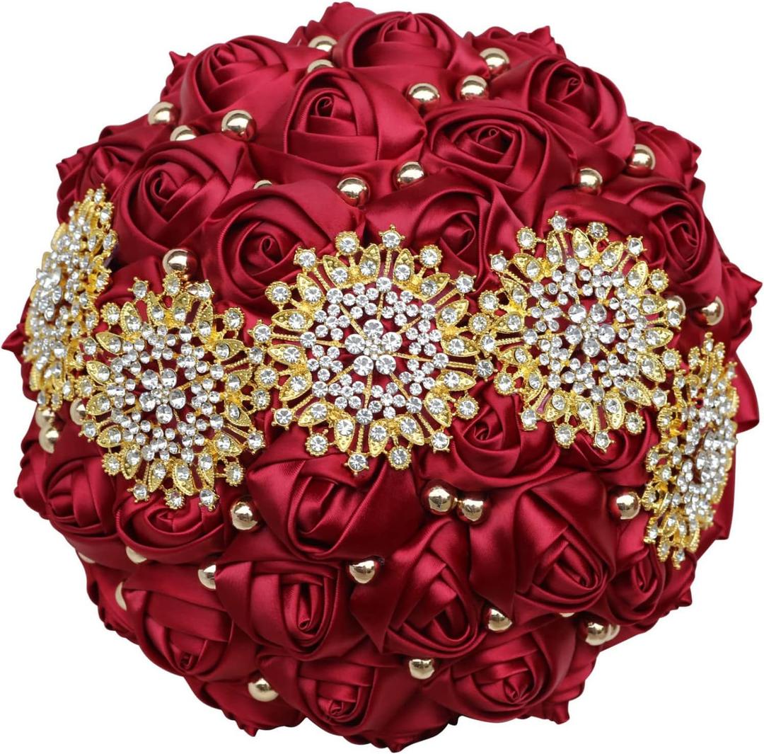 Dark Red Bridal Wedding Bouquet with Gold Rhinestone Pearl for Quinceanera Bride Bridesmaid Satin Rose Flower Brooch Bouquet Wedding Dark Red 9.5in
