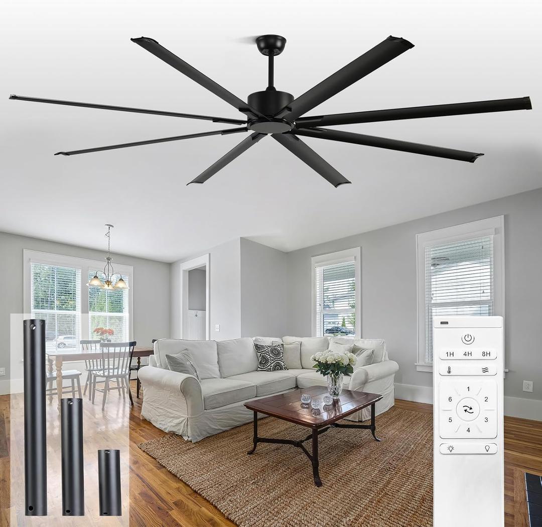 96" Large Ceiling Fan with Reversible DC Motor, 6-Speed Large Ceiling Fan with 8 Aluminum Blades and 3 Downrods, for Living Room, Gym, Office, Commercial Space