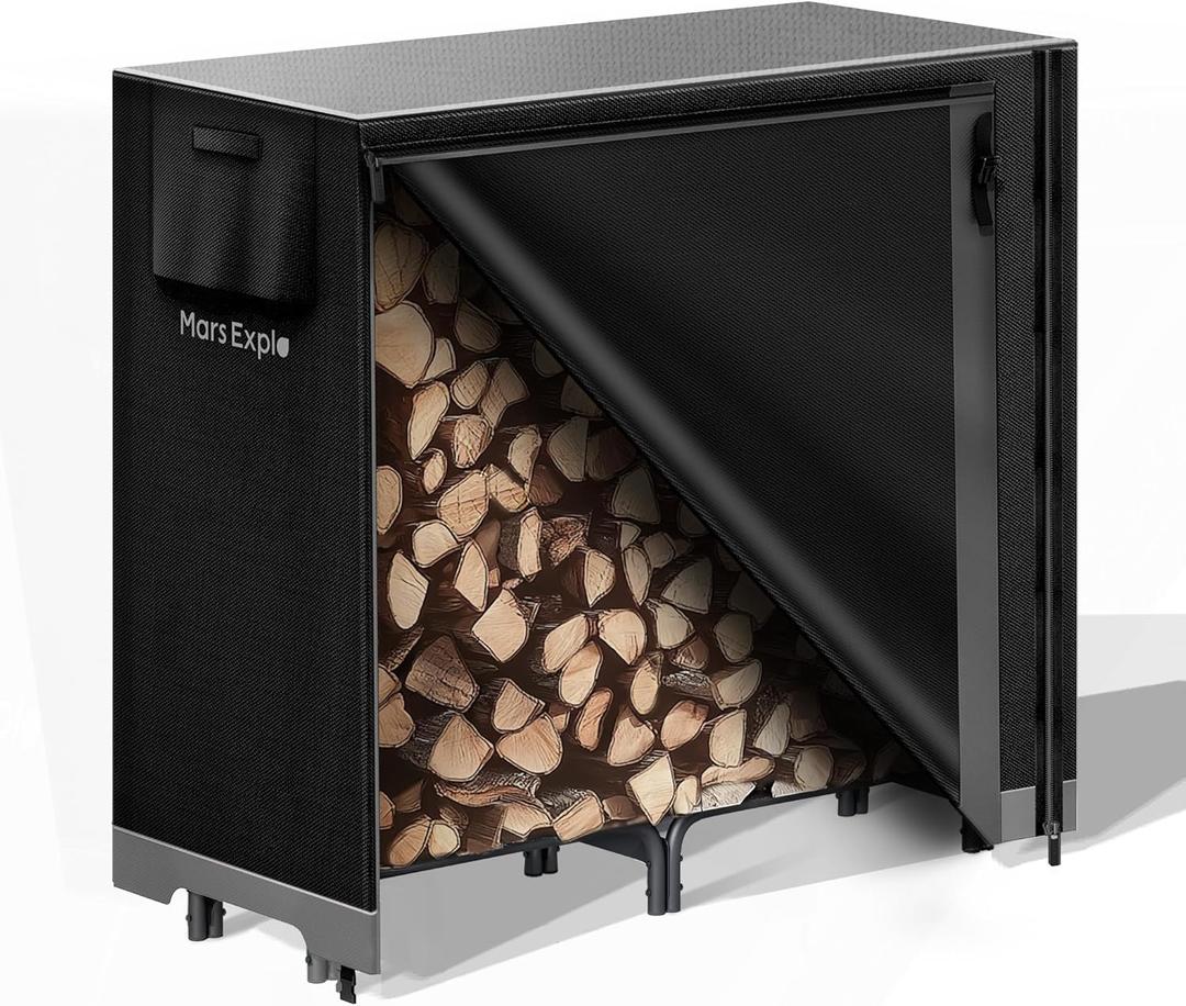 4ft Firewood Log Rack with Cover Outdoor, Heavy Duty Indoor Outdoor Firewood Storage Log Rack with Cover Combo Set Black