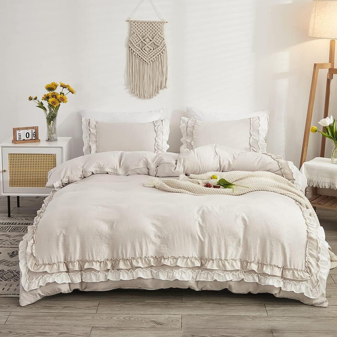 Beige Ruffled Duvet Cover Set Queen Size Vintage Ruffle Fringe Comforter Cover with 1 Row of Handmade White Ruffle, Farmhouse Rustic Microfiber Bedding, Zipper Closure,3 Pieces  (No Comforter)