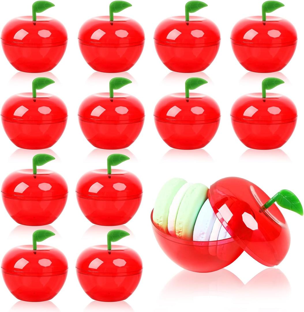 Jansun 12 Pcs Plastic Apples Containers Teacher Gifts Bulk Red Clear Apples Container Apples Decorations for Back To School Candy Holder Rosh Hashanah Christmas Party Favor (2.4 x 2.4 Inch) with Toys and Crayons