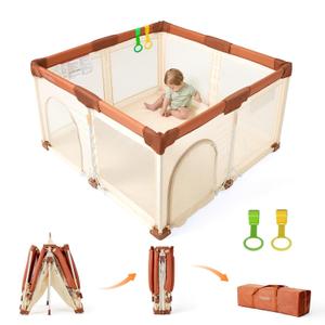 Tinyiota Foldable Baby Playpen, 50x50 Inch Portable Play Yard for Babies and Toddlers with Soft Breathable Mesh, Storage Bag & 2 Pull-Toy Handles for Indoor & Outdoor (Brown, 50x50)