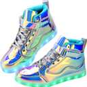 Light Up Shoes Men Women LED Shoes USB Charging Adult High Top LED Sneakers Glow in The Dark Footwear for Dancing Party Festivals (9 Women/7.5 Men, Dazzle Silver)