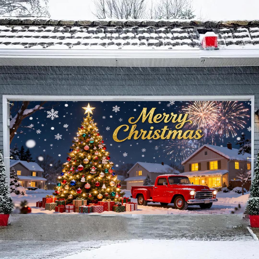 6x13FT Merry Christmas Garage Door Banner Xmas Santa Claus Snowman Elk Aurora Christmas Decorations 71"x157" Garage Door Cover Decoration for Christmas Party (13)
