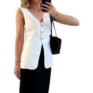 Melliflo Womens Summer Long Linen Vest Casual Sleeveless V Neck Button Down Tops Casual Summer Vest with Pocket, Size S