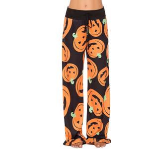 Women Halloween Pajamas Pants Cute Pumpkin Skull Ghost Print PJs Bottoms Causal Soft Long Lounge Pants Sleepwear (Large)