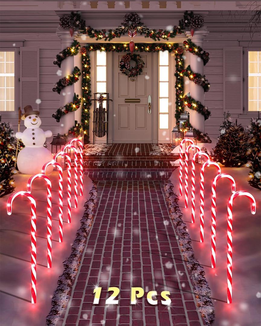 COOLWUFAN 12 Pack Christmas Candy Cane Pathway Markers, 22'' Candy Cane Christmas Decorations Pathway Lights Outdoor with 72 Warm Lights for Xmas Holiday Party Walkway Patio Garden Yard Lawn Decor