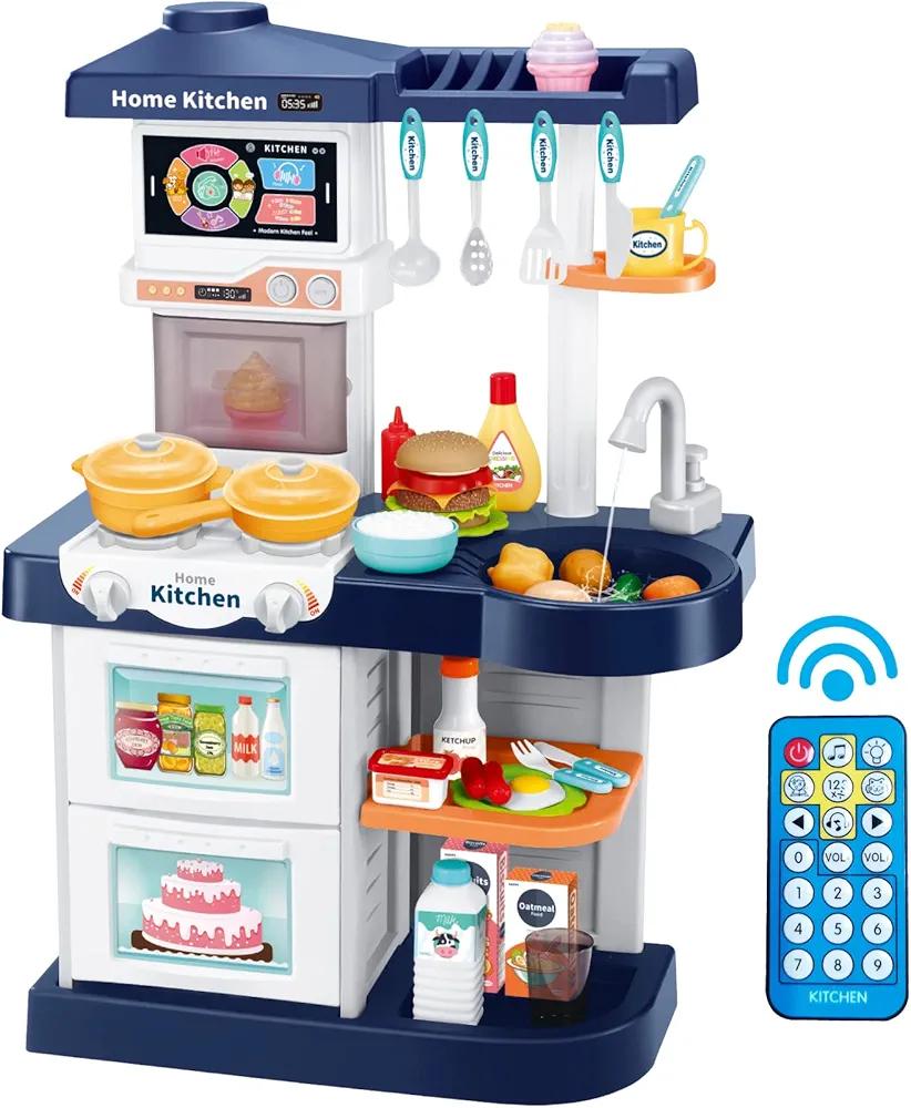 Kids Play Kitchen Playset, Toddler Toy Kitchen with Remote Control Lights and Music,Pretend Steam and Play Sink, Blue Kitchen Accessories Set for Kid, Birthday for Boy Girl