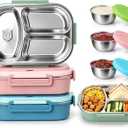 FoldTier 3 Pack Stainless Steel Lunch Boxes Includes 3 Lidded Condiment Cups, 3 Compartment Bento Box Set, Leakproof Lunch Container, Freezer & Dishwasher Safe for Work, Office, Picnic, Travel