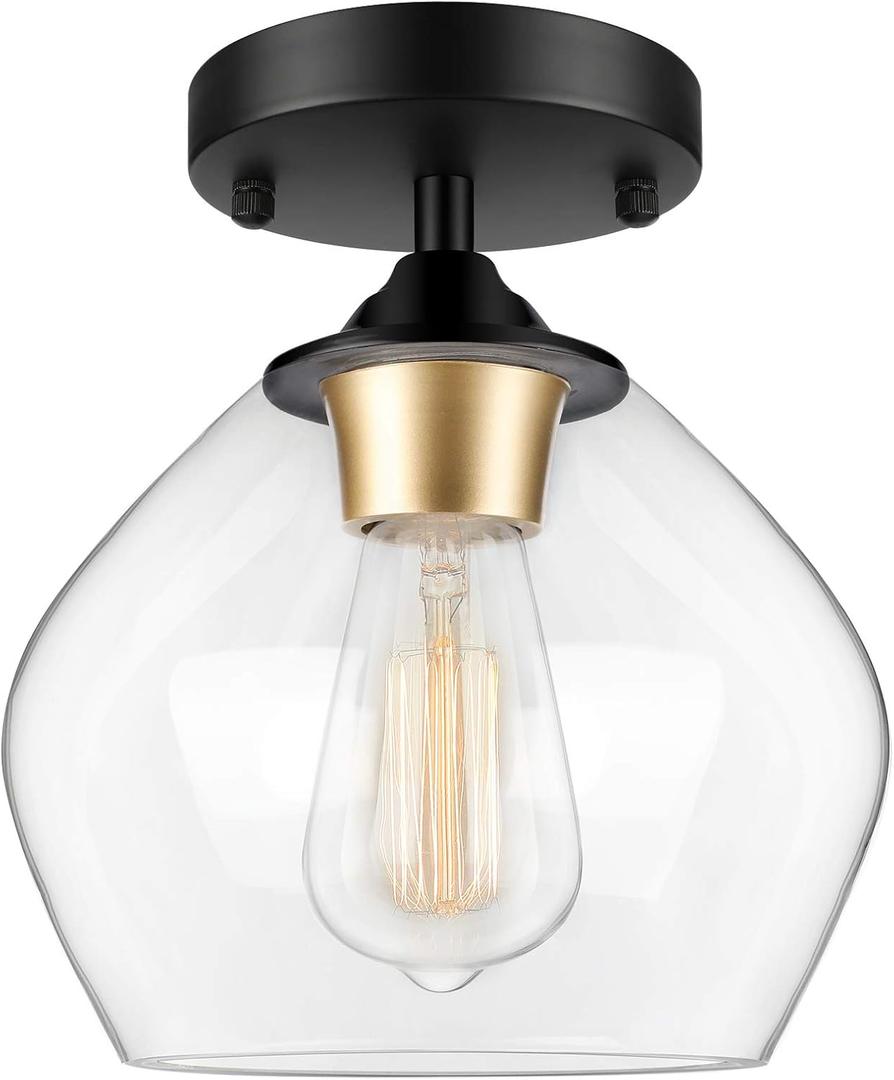 Modern Semi Flush Mount Ceiling Light with Clear Glass Shade, Industrial Close to Ceiling Light, Black Hanging Ceiling Light Fixture for Hallway, Bedroom, Dining Room, Entryway, Foyer