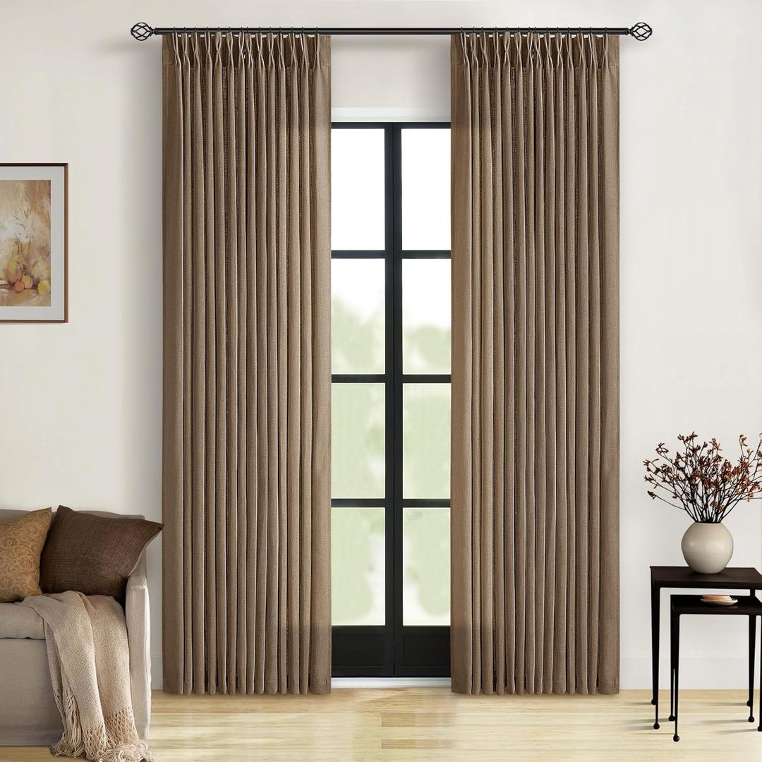 Brown Pinch Pleated Linen Curtains 84 Inches Long 2 Panels Set Living Room Dining Pinch Pleat Back Tab Light Filtering Boho Farmhouse Bedroom Window Curtain Drapes 84 Inch Length Dutch Cocoa