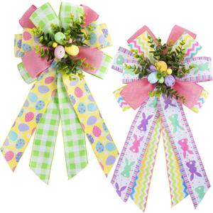 2 Pack Large Easter Wreath Bows, 12 x 20 Colorful Spring Easter Basket Bows with Easter Eggs and Bunny Rabbit Pattern, Multilayer Burlap Tree Topper Bows for Wreath Decoration Front Door Wall Decor