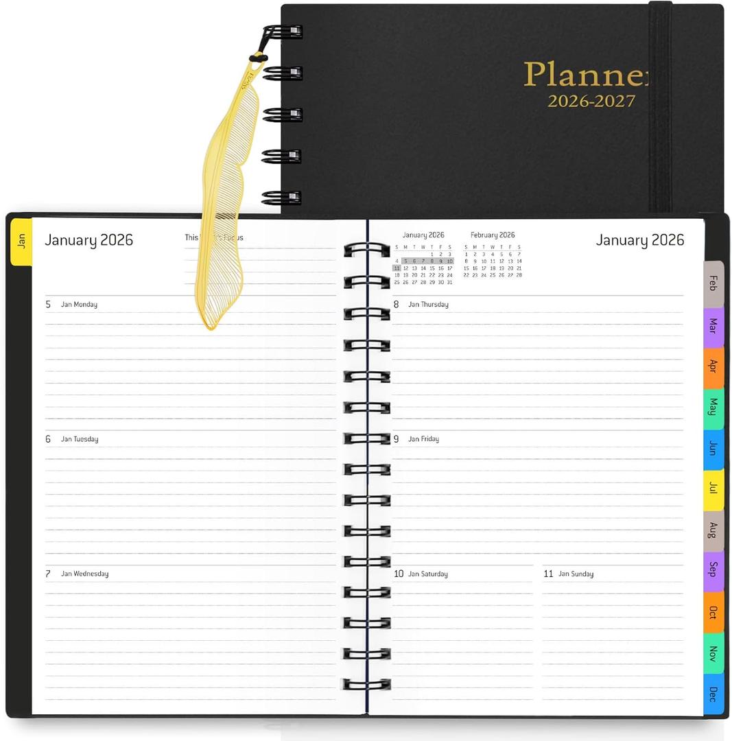 Daily Planner 2026-2027, 18-Month Weekly and Monthly Calendar Planner, January 2026 - June 2027, Planning Agenda Book with Laminated Tabs, Flexible Cover, 100GSM Thick Paper, A5 Size,Black