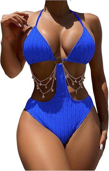OYOANGLE Women's Ring Linked Cut Out One Piece Swimsuits Textured Tie Backless Halter Bathing Suit Monokini (Blue)