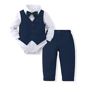 DISAUR Baby Boy Formal Outfits Long Sleeve Infant White Shirt Dark Blue PlaidVest Pants Bow Tie Baby First Halloween Outfit Boy Months 2t, Size 12-18M