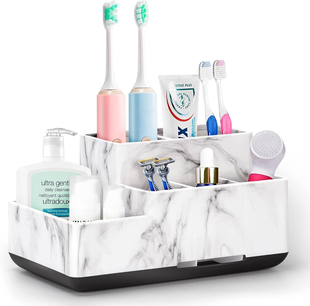 Toothbrush Holder,Bathroom Organizer Countertop, 5 Compartments Multifunctional Storage for Cosmetic, Makeup, Office Stationery Pencil,Toothpaste, Toothbrush,Ideal Gift for Home, Office (White-marble)