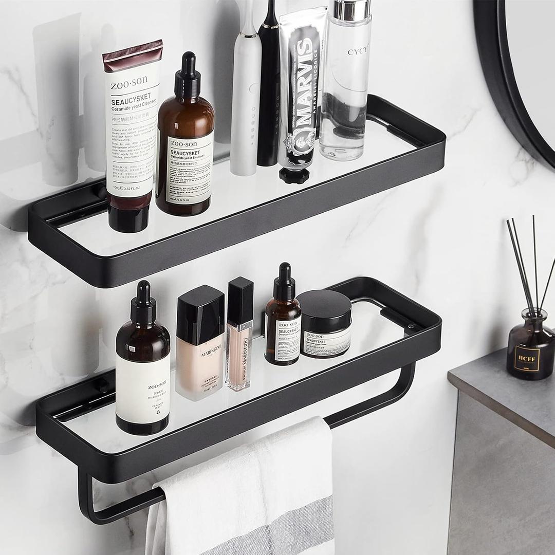 VOLPONE Bathroom Shelves Wall Mounted Glass Shelf for Floating Shelf Tempered Glass Shelves 2 Tier Bathroom Wall Organizer(Black)