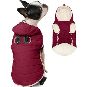 Vecomfy Fleece Lining Dog Hoodie with Harness Built in,Extra Warm  Dog Jacket in Winter Doggie Coats with Drawstring Hooded,Red L