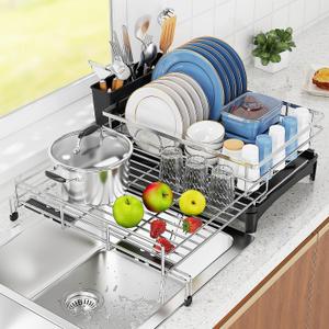 Large Dish Drying Rack,Extendable Dish Rack with Cutlery Holder,Silver Dish Racks for Kitchen Counter,Stainless Steel Dish Drainers for Kitchen Counter,Over The Sink Drying Rack Kitchen
