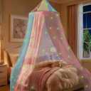 Princess Rainbow Bed Canopy for Girls with Glow-in-The-Dark Stars, Colorful Canopy Net Fits Most Single, Twin, Full and Queen Size Bed, Bedroom Accessories