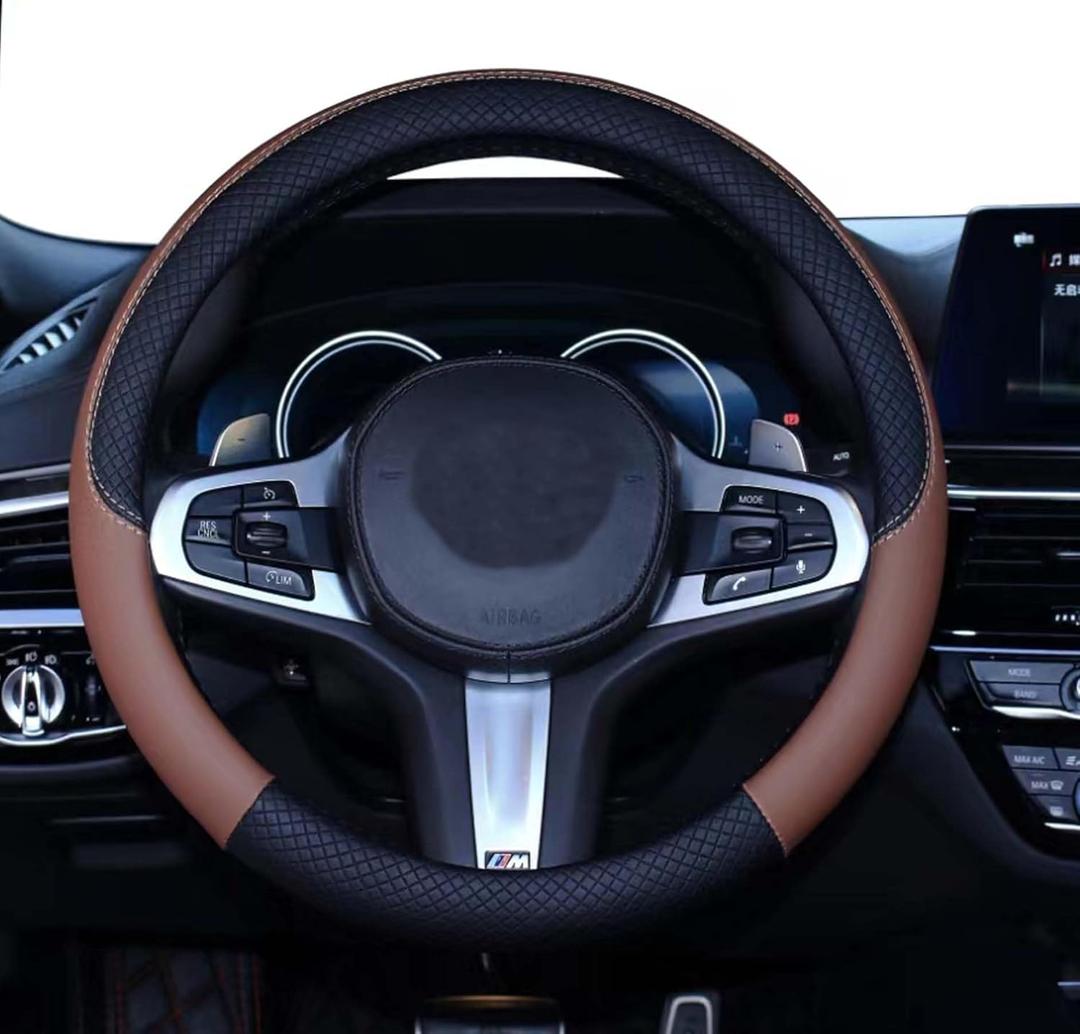 SHIAWASENA Car Steering Wheel Cover, Leather, Universal 15 Inch Fit, Anti-Slip & Odor-Free (Black&Brown)