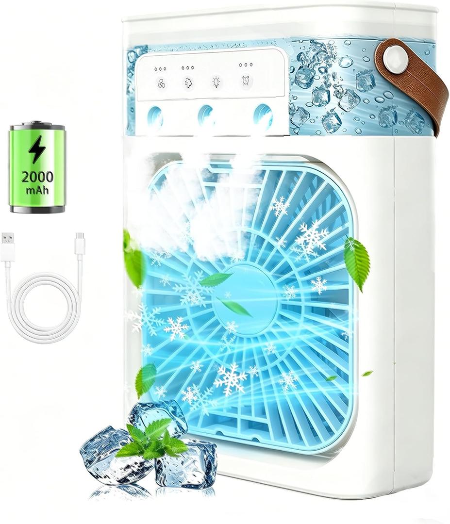 Portable Air Conditioners, 2000mAh Rechargeable Mini Air Cooler Fans, 500ML Personal Portable AC Unit with 3 Speed, 2 Spray, 7 Color, 3 Timer, Small Desktop Cooling Fan for Bedroom Office (White)