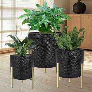 3 Pack Planter Pots with Stand and Drainage Holes, 8/10/12 Inch Indoor/Outdoor Plant Pots, Lightweight Durable Flower Pots for Herbs, Succulents, Modern Home Decor (Black F1)