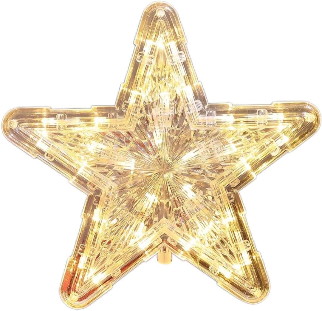 Lighted Gold Christmas Star Tree Topper - 9" Plug in Twinkly Tree Star with 30 LED Lights, No-Wobble Tree Topper Stabilizer Holder Include, Tree Top for Indoor Outdoor Christmas Decorations