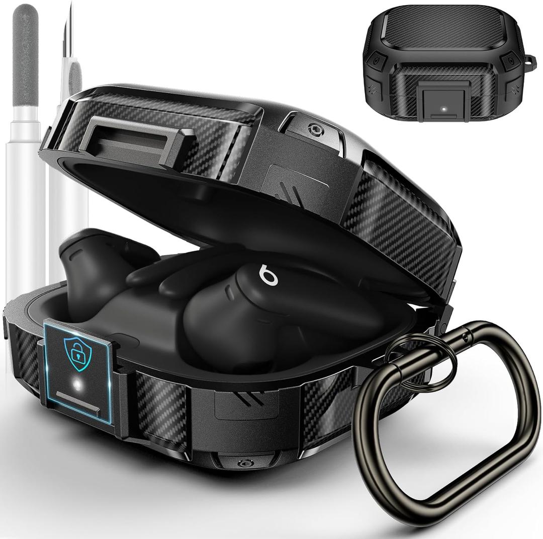 [Upgrade Secure Lock] for Beats Powerbeats Pro 2 Case Cover, LDSXAY Carbon Fiber Shockproof Protective Cover for Powerbeats Pro 2 2025 with Cleaner Kit & Carabiner (Black)