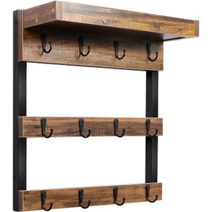 OROPY Coffee Mug Rack Wall Mounted, Rustic Wood Cups Rack with 12 Hooks and Storage Shelf, for Home Kitchen Display and Collection (Rustic Brown)